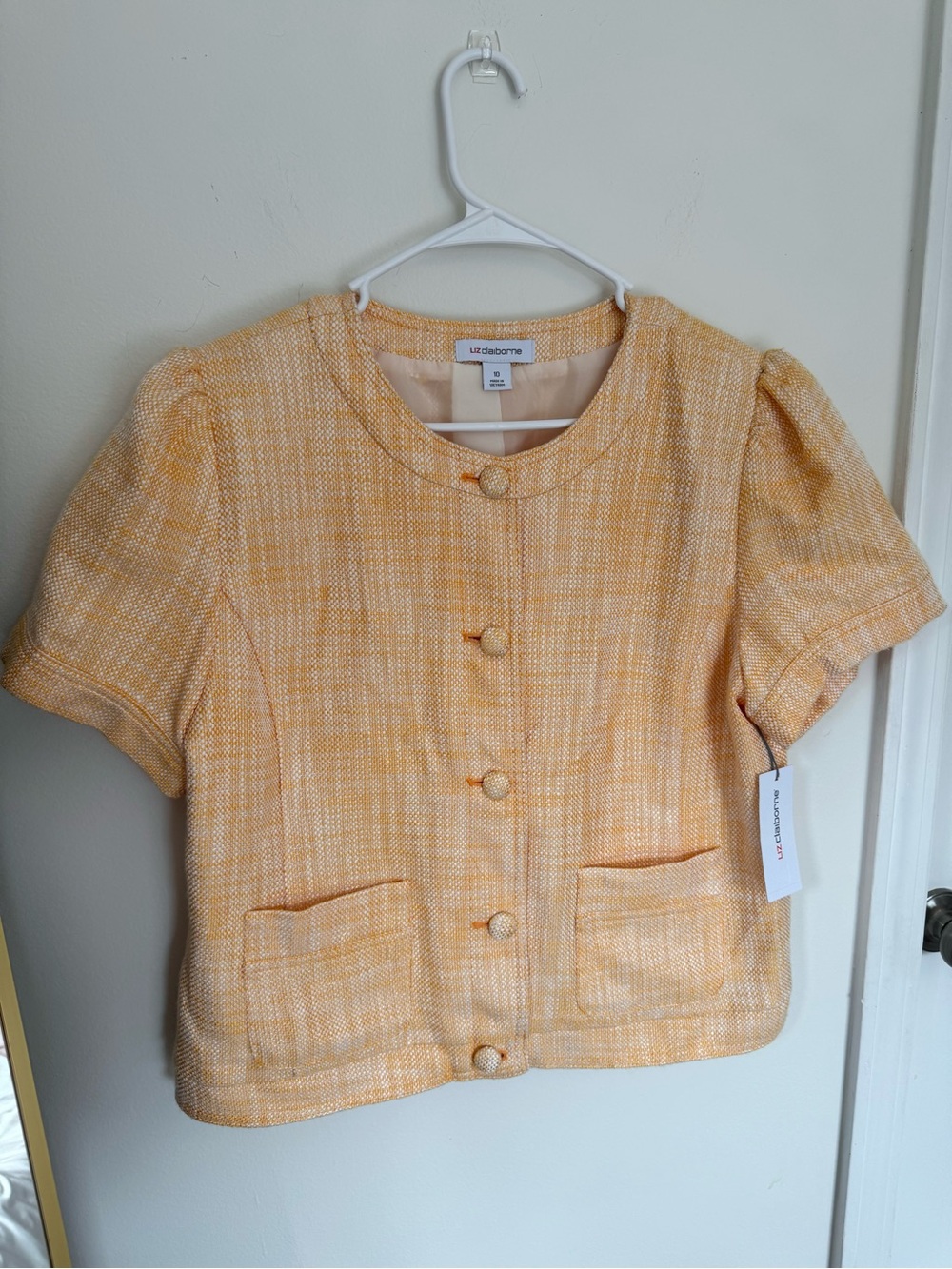 NWT Liz Claiborne Marigold Tweed Metallic Short Sleeve Blazer Jacket Women's 10
